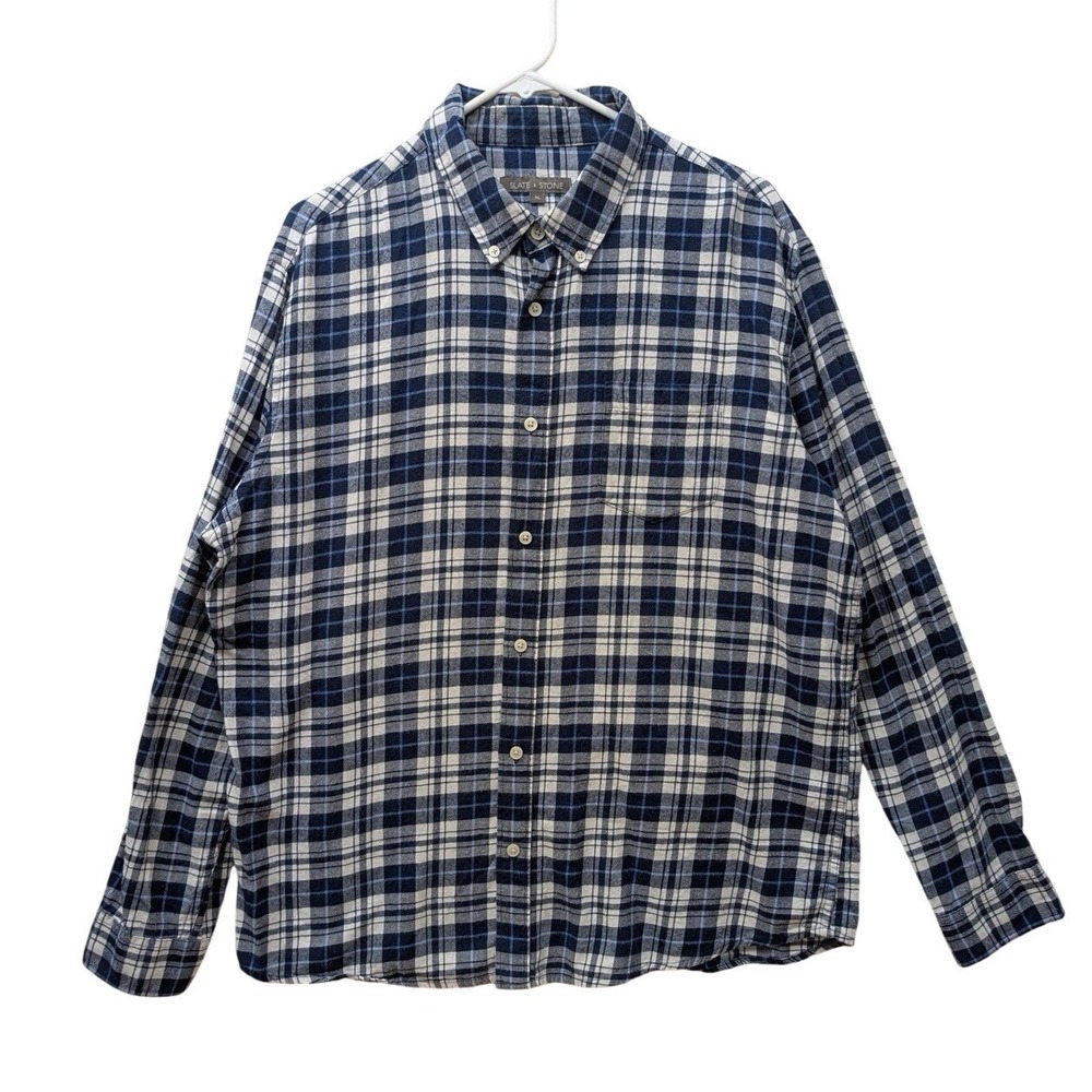 Slate & Stone Flannel Shirt Men XL Blue White Plaid Button Down Soft Cotton